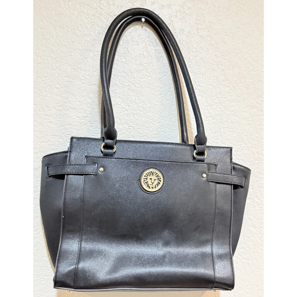 Anne Klein Black Tote Shoulder Bag Gold Lion Logo Polka Dot Lining Handbag